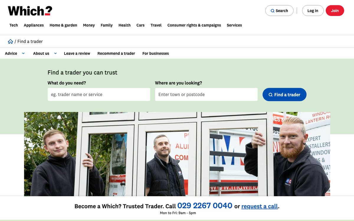 Which? Trusted Traders homepage in October 2026, headed Find a trader you can trust, with a Become a Which? Trusted Trader line and phone number