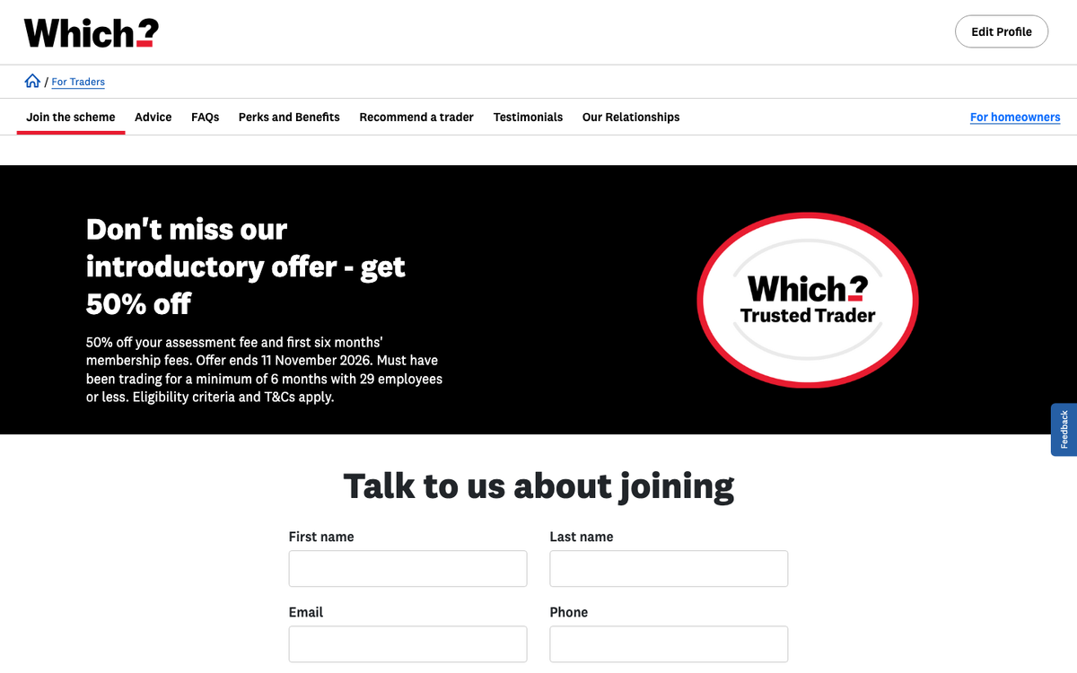 Which? Trusted Traders join page in October 2026, headed Don't miss our introductory offer, get 50% off, with the Which? Trusted Trader logo and a Talk to us about joining form