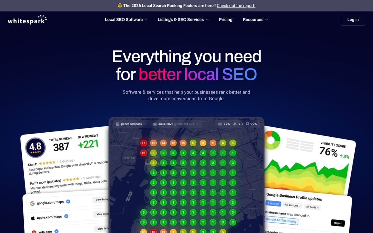 Whitespark homepage hero in October 2026, headed 'Everything you need for better local SEO', with a review count and a geogrid of ranking numbers