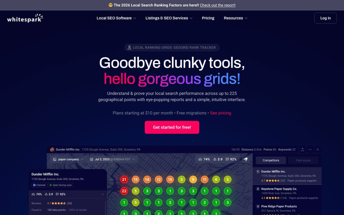 Whitespark's Local Ranking Grids page in October 2026, headed 'Goodbye clunky tools, hello gorgeous grids!', with a map grid report for a sample company