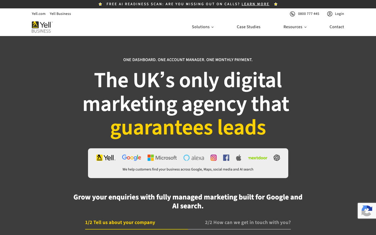Yell Business homepage in October 2026, headed The UK's only digital marketing agency that guarantees leads, with Google, Microsoft, Meta and Nextdoor logos