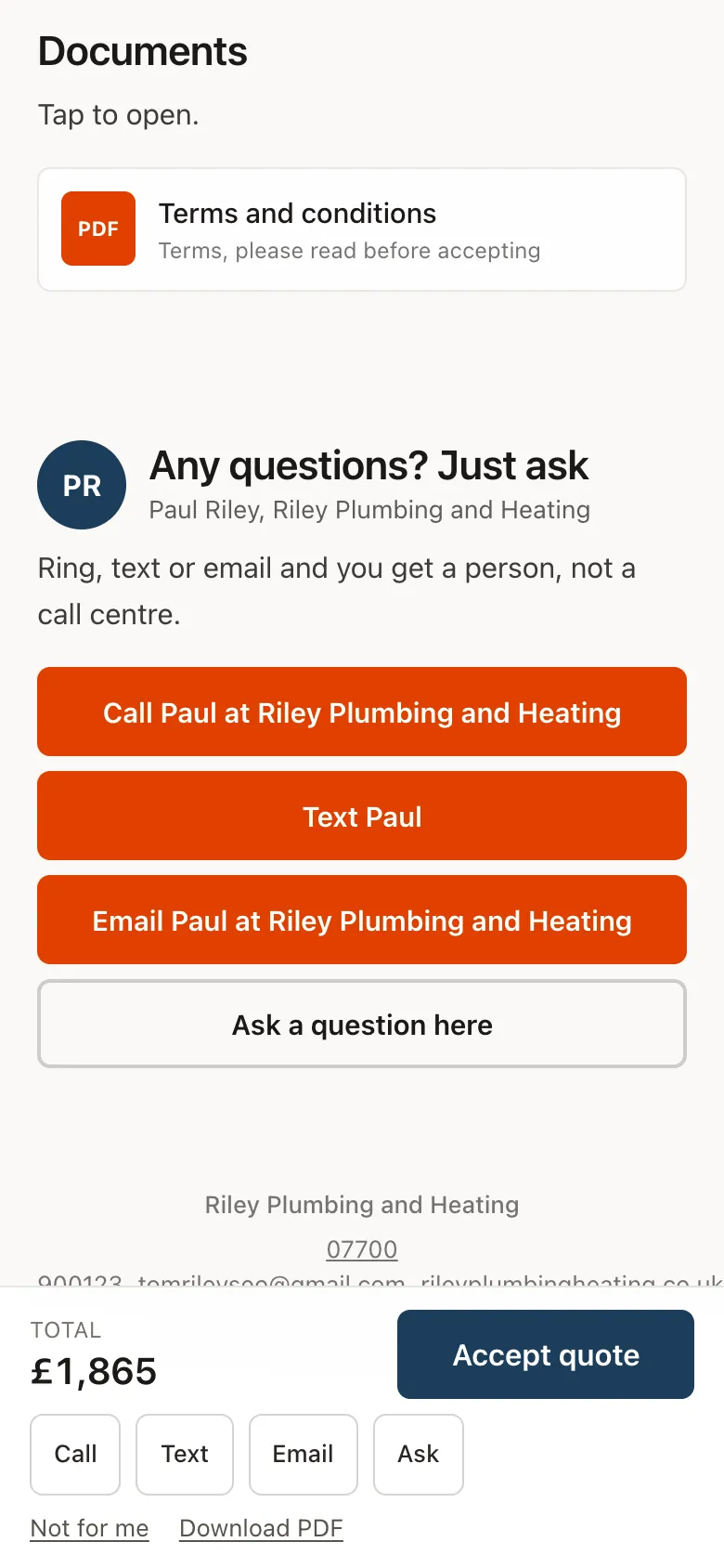 The bottom of a QuoteConvert quote: documents, Call Paul and the Accept bar