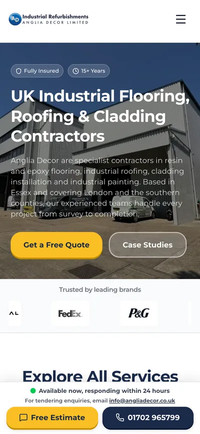 Anglia Decor's website on a phone