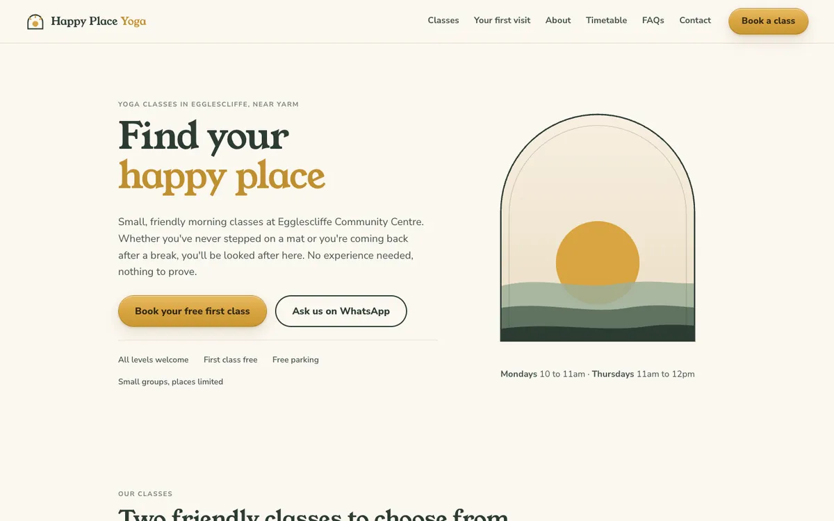 Happy Place Yoga's website on a desktop: yoga classes in Egglescliffe and Yarm