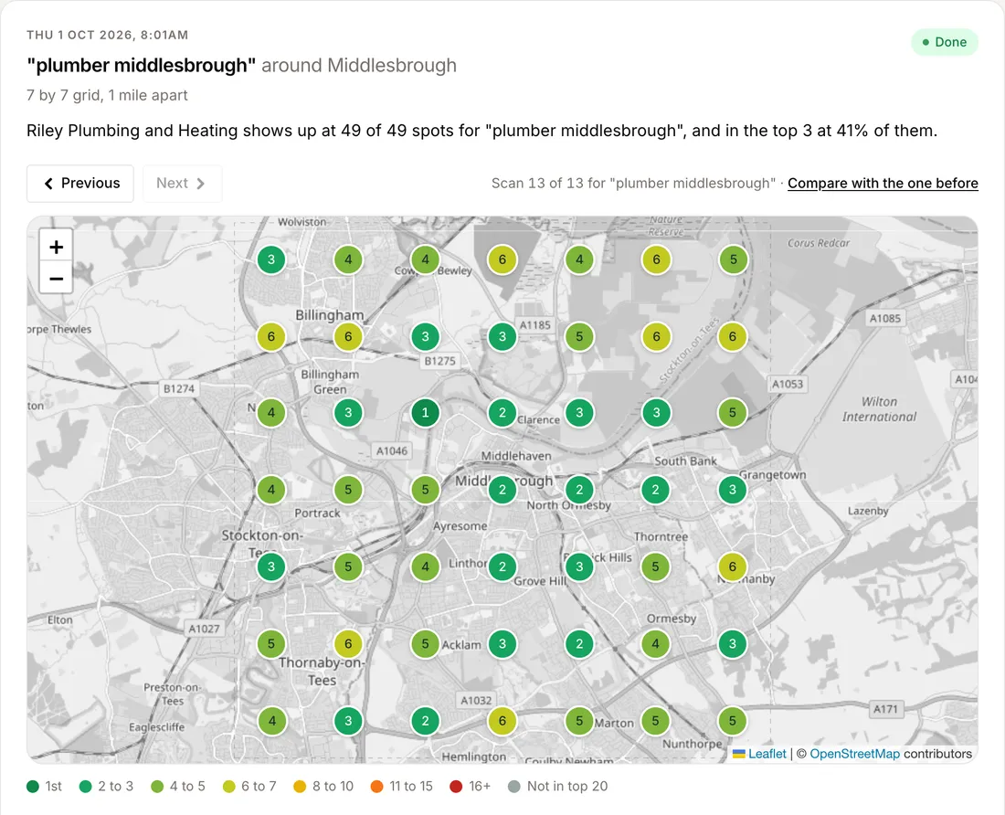Rank Map in the Growth Bull hub: a 7 by 7 grid of pins on a map of Middlesbrough, each showing where a demo plumber ranks in the map pack from that spot